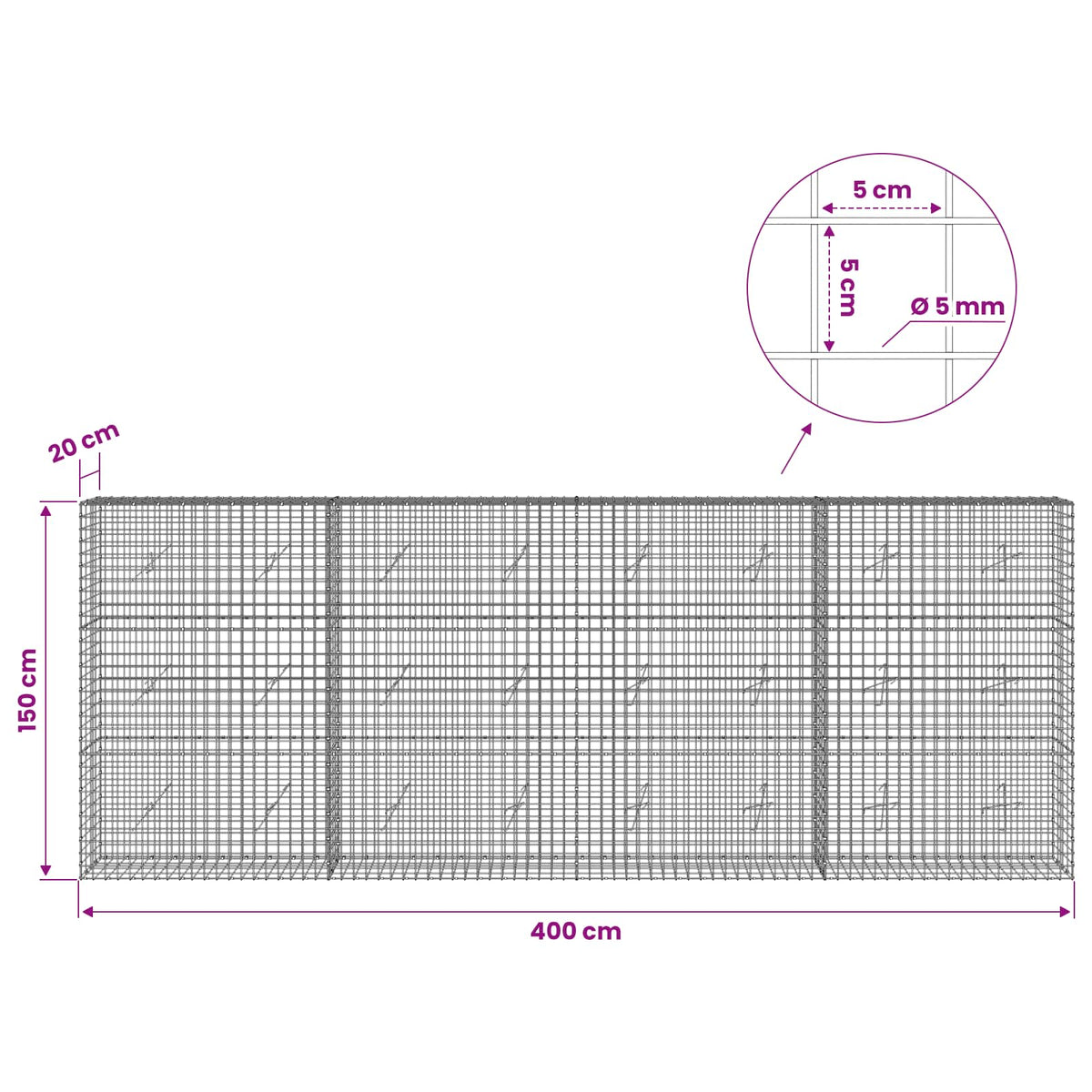 Gabion with 5 mm Wire and 5x5 cm Mesh 400x20x150 cm