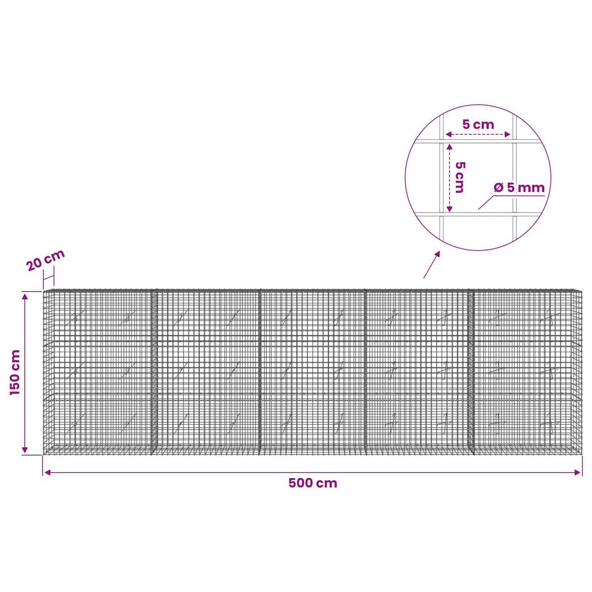 Gabion with 5 mm Wire and 5x5 cm Mesh 500x20x150 cm