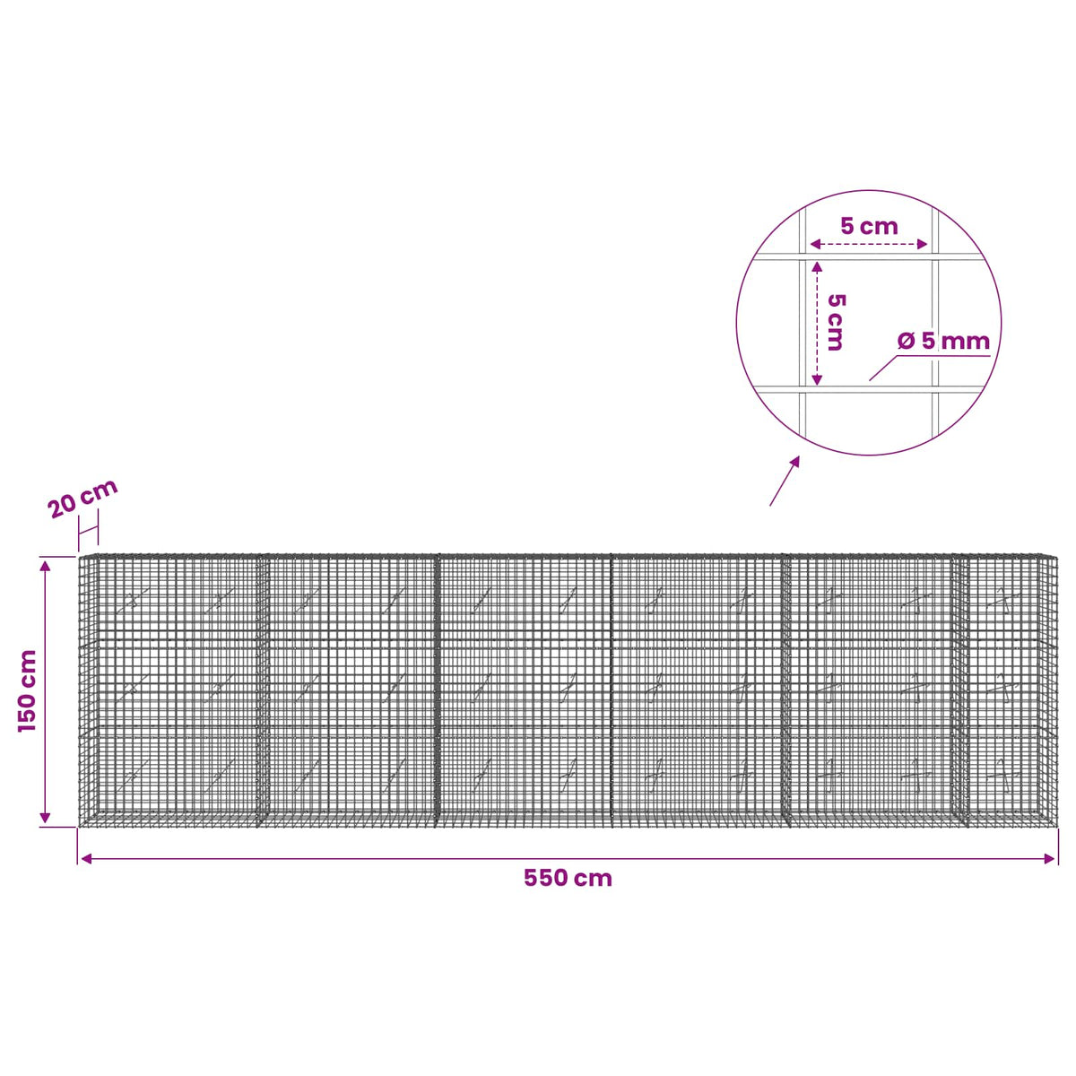 Gabion with 5 mm Wire and 5x5 cm Mesh 550x20x150 cm