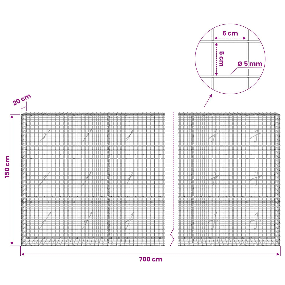 Gabion with 5 mm Wire and 5x5 cm Mesh 700x20x150 cm