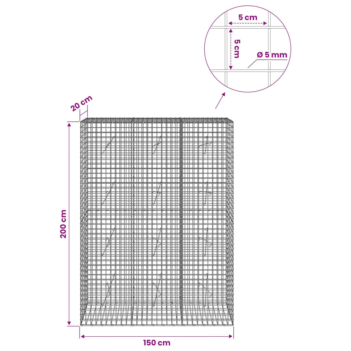 Gabion with 5 mm Wire and 5x5 cm Mesh 150x20x200 cm