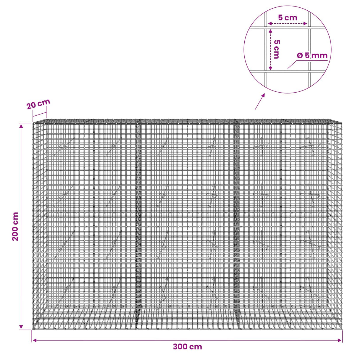 Gabion with 5 mm Wire and 5x5 cm Mesh 300x20x200 cm