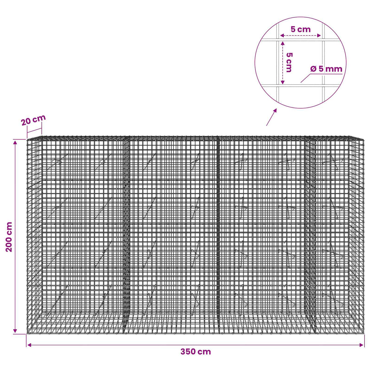 Gabion with 5 mm Wire and 5x5 cm Mesh 350x20x200 cm