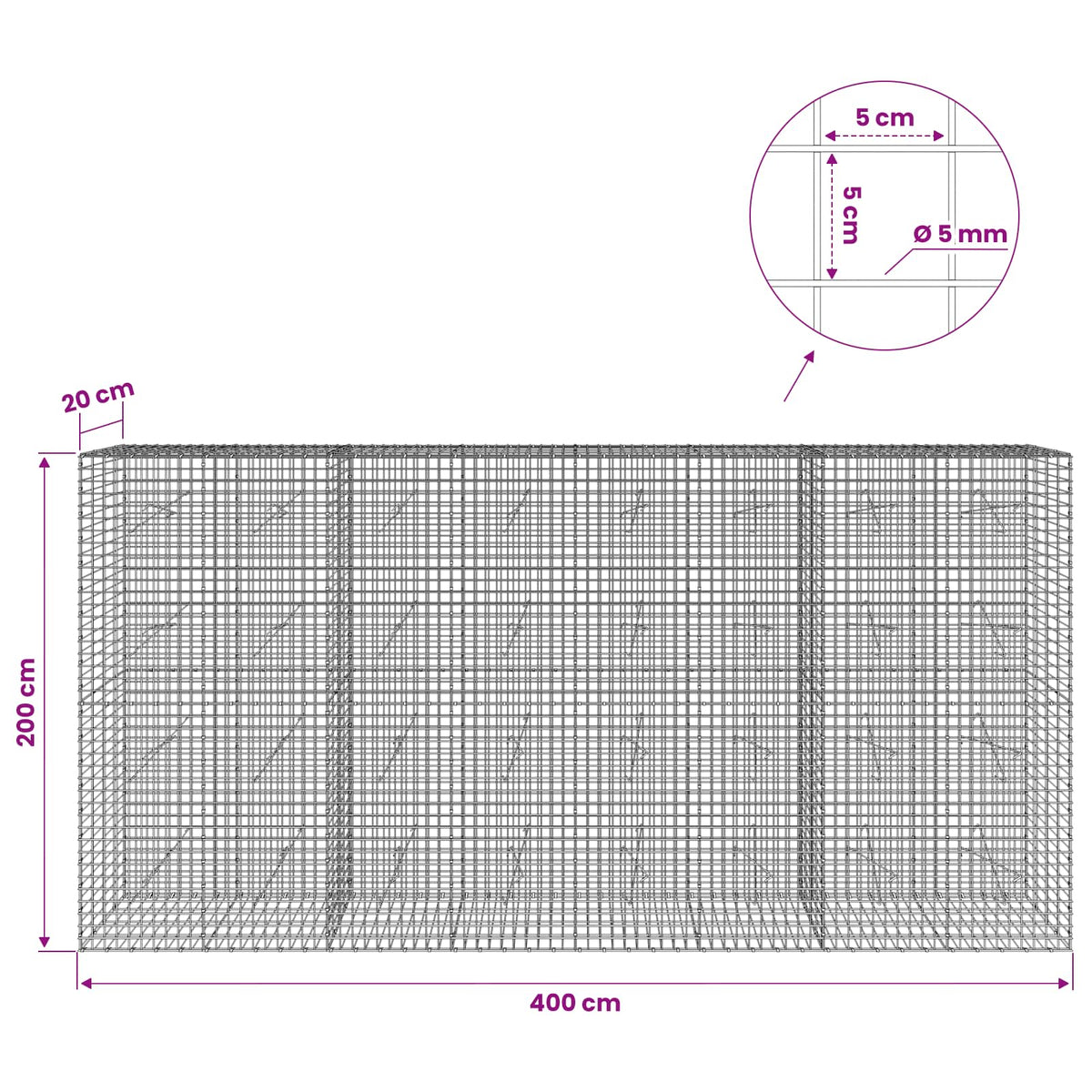Gabion with 5 mm Wire and 5x5 cm Mesh 400x20x200 cm