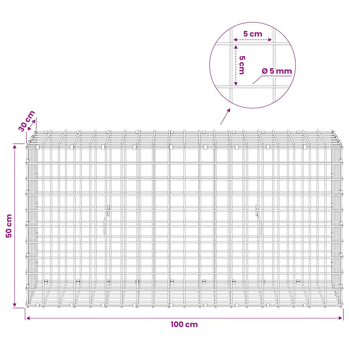 Gabion with 5 mm Wire and 5x5 cm Mesh 100x30x50 cm