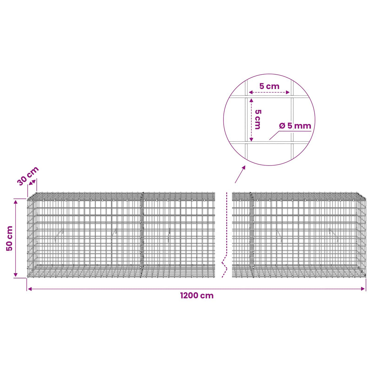 Gabion with 5 mm Wire and 5x5 cm Mesh 1200x30x50 cm