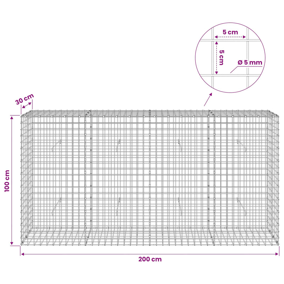 Gabion with 5 mm Wire and 5x5 cm Mesh 200x30x100 cm