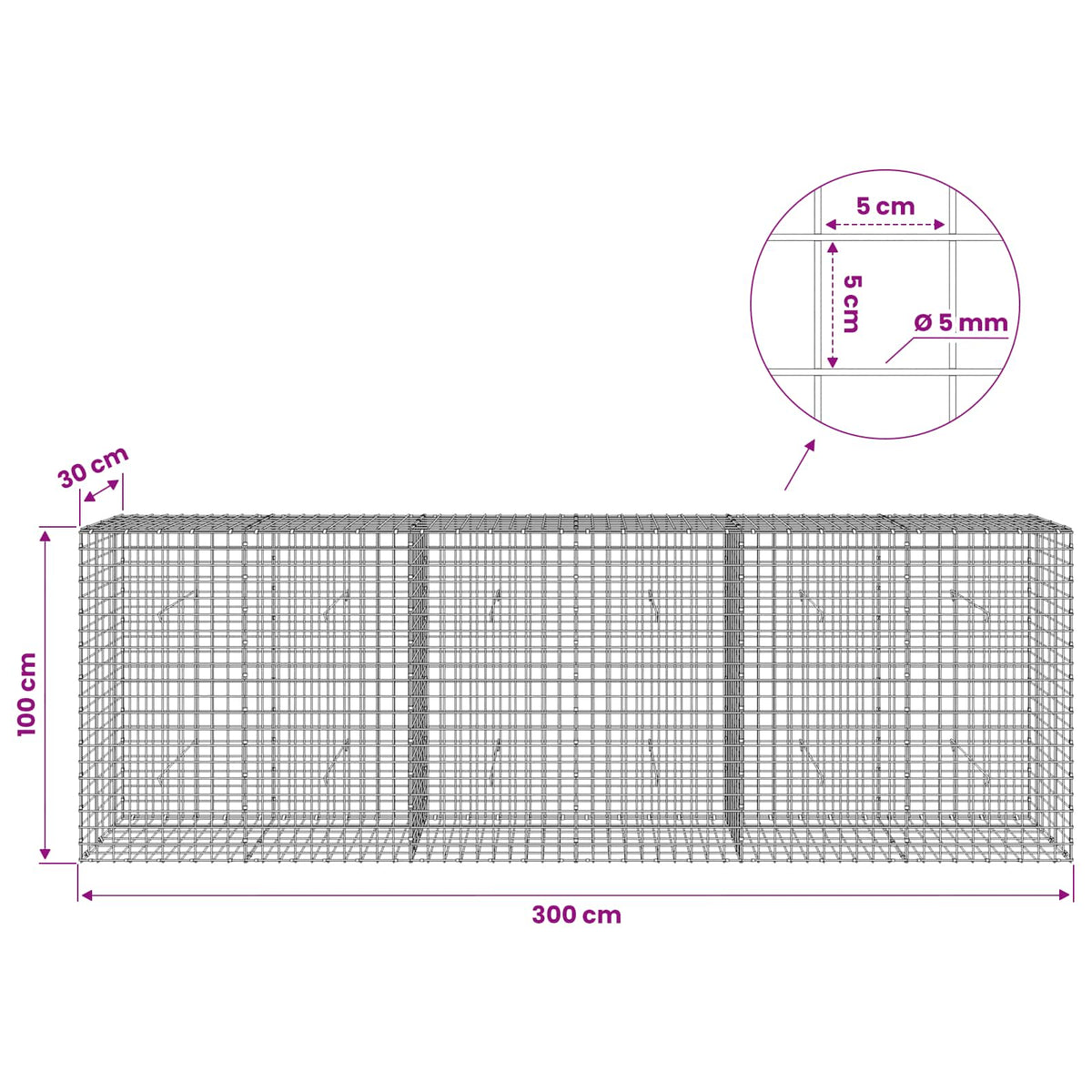 Gabion with 5 mm Wire and 5x5 cm Mesh 300x30x100 cm