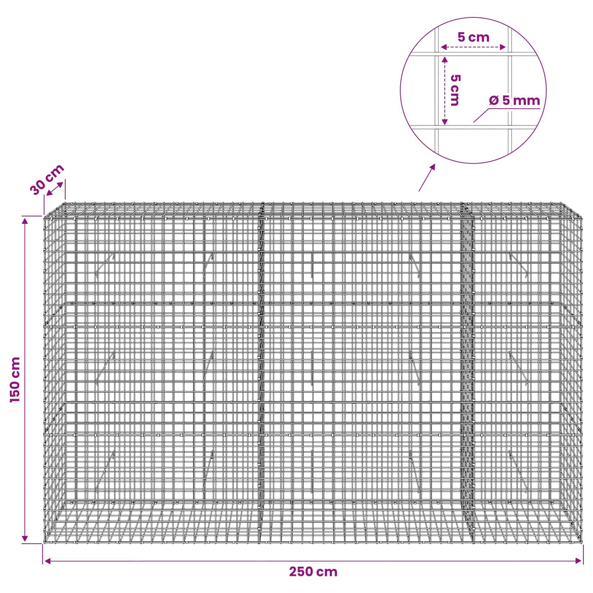 Gabion with 5 mm Wire and 5x5 cm Mesh 250x30x150 cm