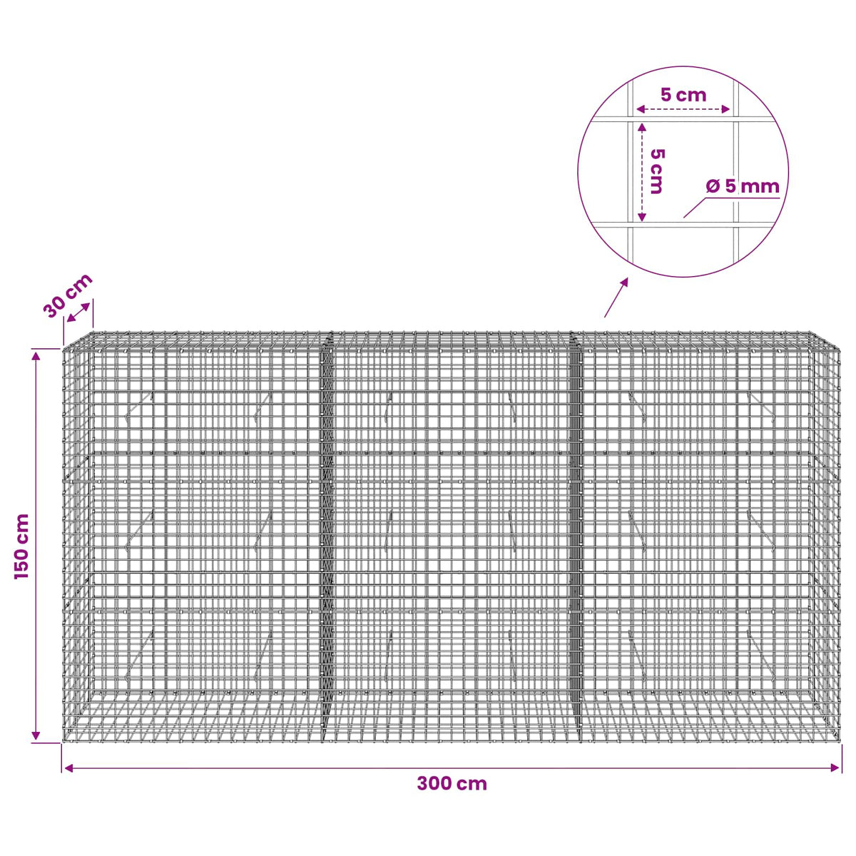 Gabion with 5 mm Wire and 5x5 cm Mesh 300x30x150 cm