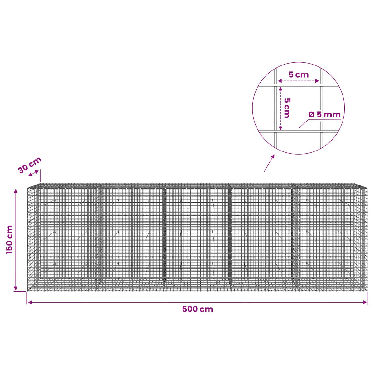 Gabion with 5 mm Wire and 5x5 cm Mesh 500x30x150 cm