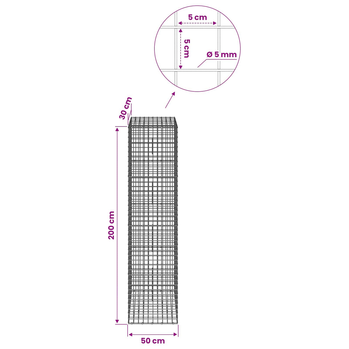 Gabion with 5 mm Wire and 5x5 cm Mesh 50x30x200 cm