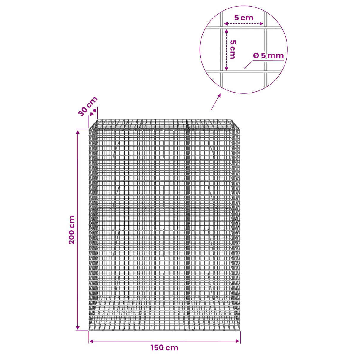 Gabion with 5 mm Wire and 5x5 cm Mesh 150x30x200 cm