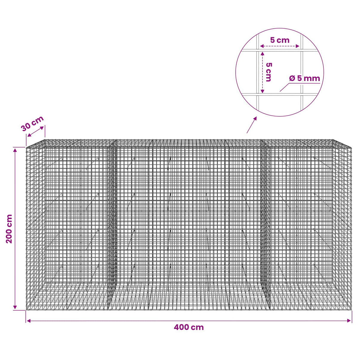 Gabion with 5 mm Wire and 5x5 cm Mesh 400x30x200 cm