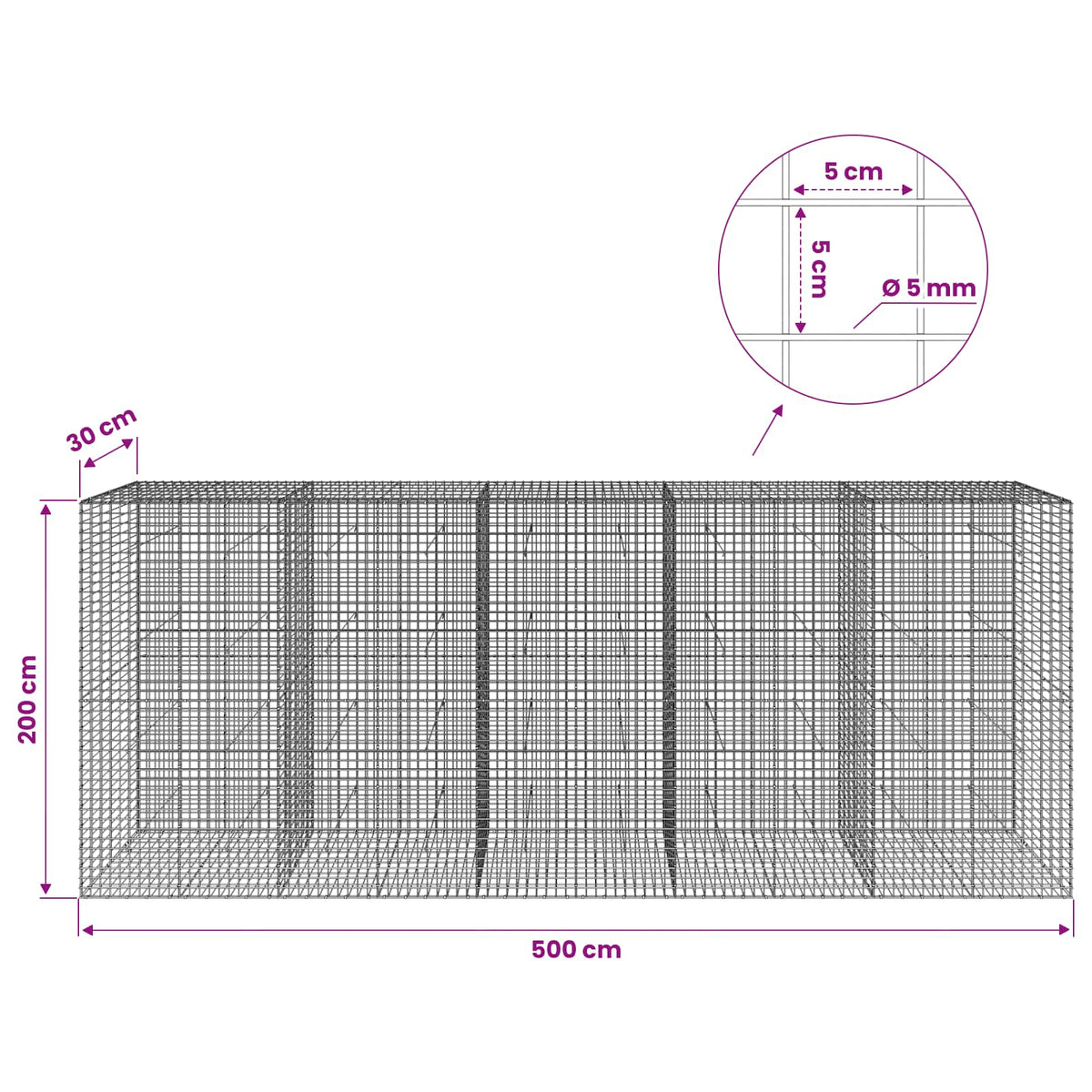 Gabion with 5 mm Wire and 5x5 cm Mesh 500x30x200 cm