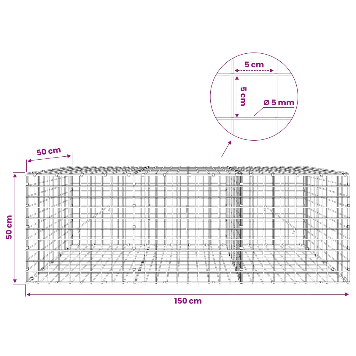 Gabion with 5 mm Wire and 5x5 cm Mesh 150x50x50 cm