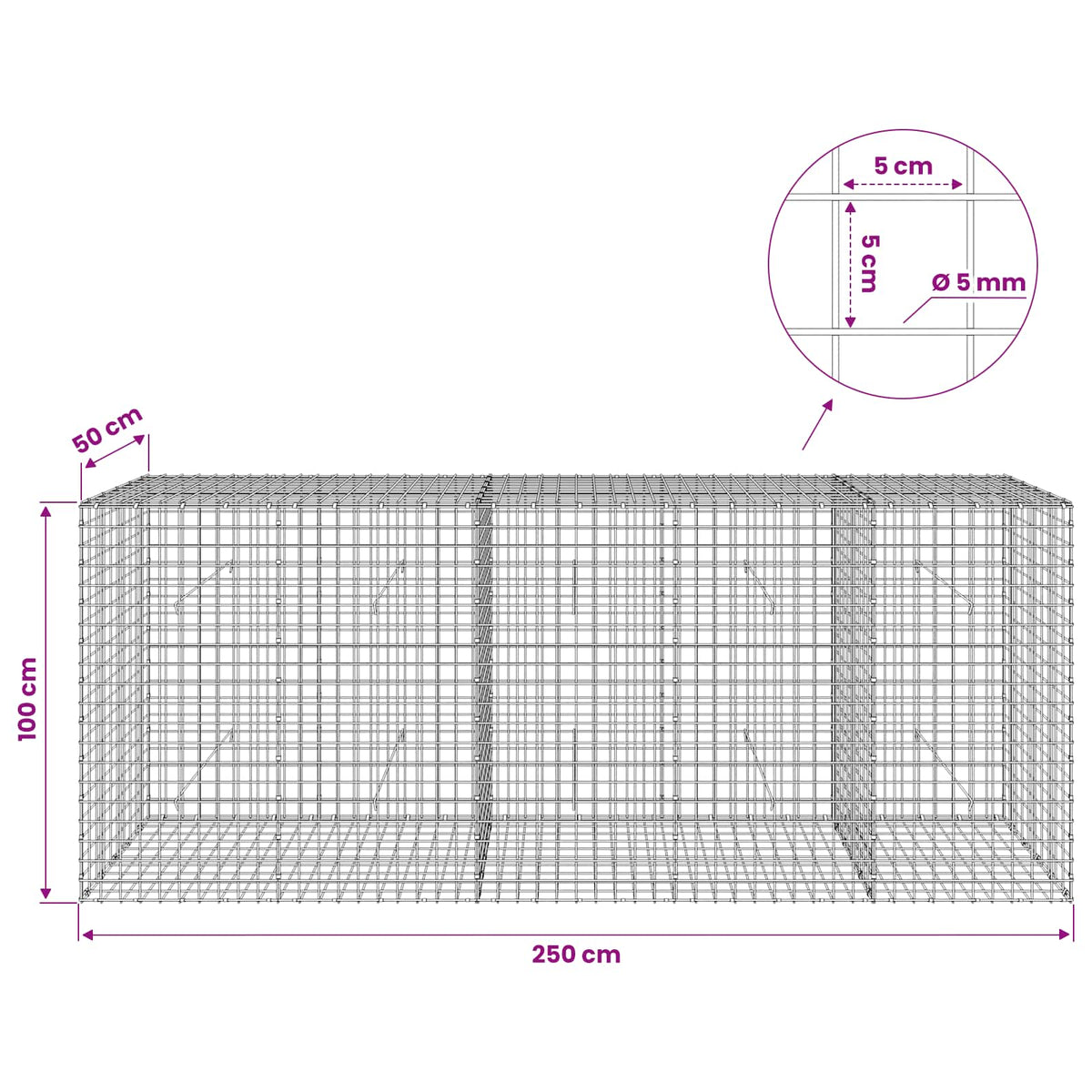 Gabion with 5 mm Wire and 5x5 cm Mesh 250x50x100 cm
