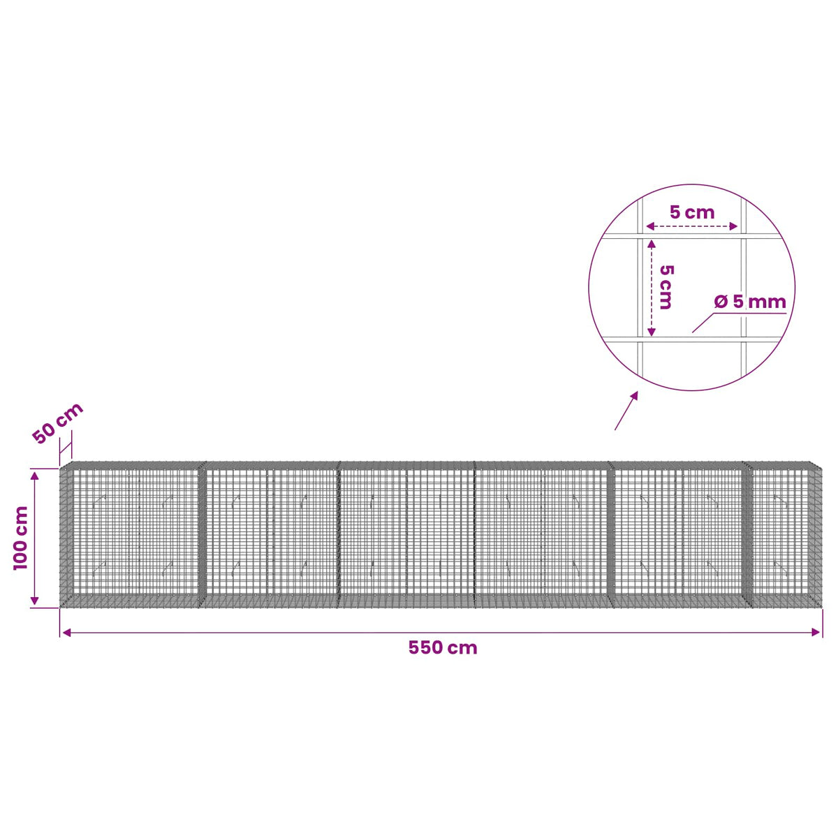 Gabion with 5 mm Wire and 5x5 cm Mesh 550x50x100 cm