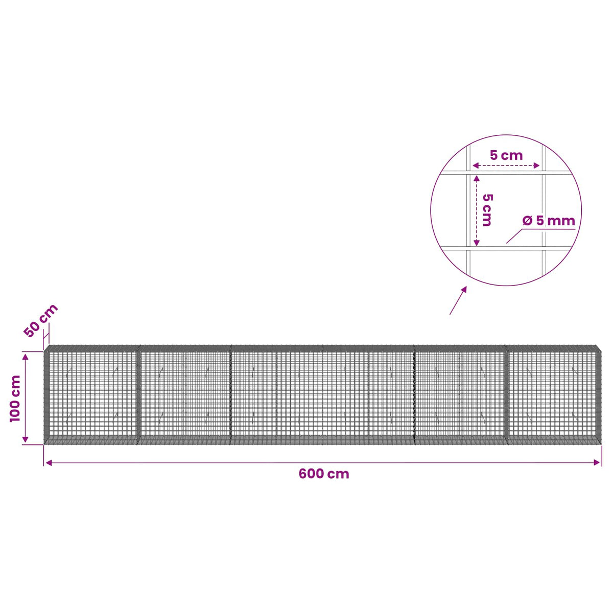 Gabion with 5 mm Wire and 5x5 cm Mesh 600x50x100 cm