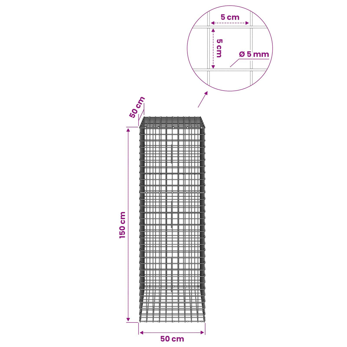 Gabion with 5 mm Wire and 5x5 cm Mesh 50x50x150 cm