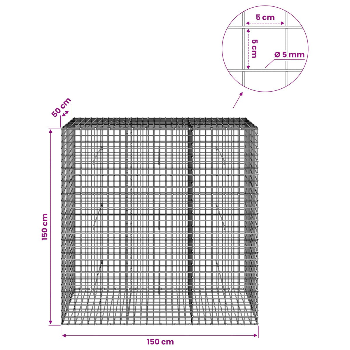 Gabion with 5 mm Wire and 5x5 cm Mesh 150x50x150 cm
