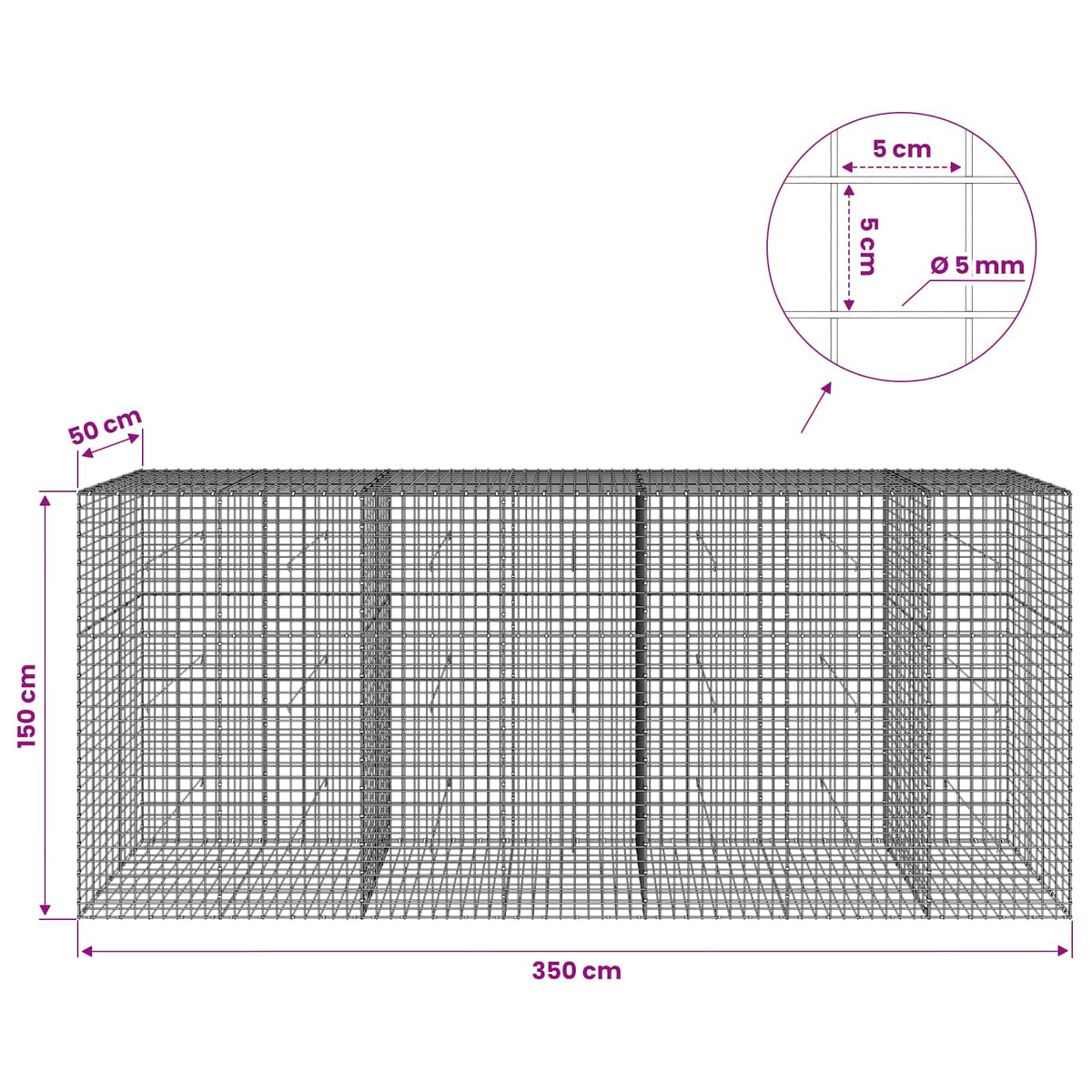 Gabion with 5 mm Wire and 5x5 cm Mesh 350x50x150 cm