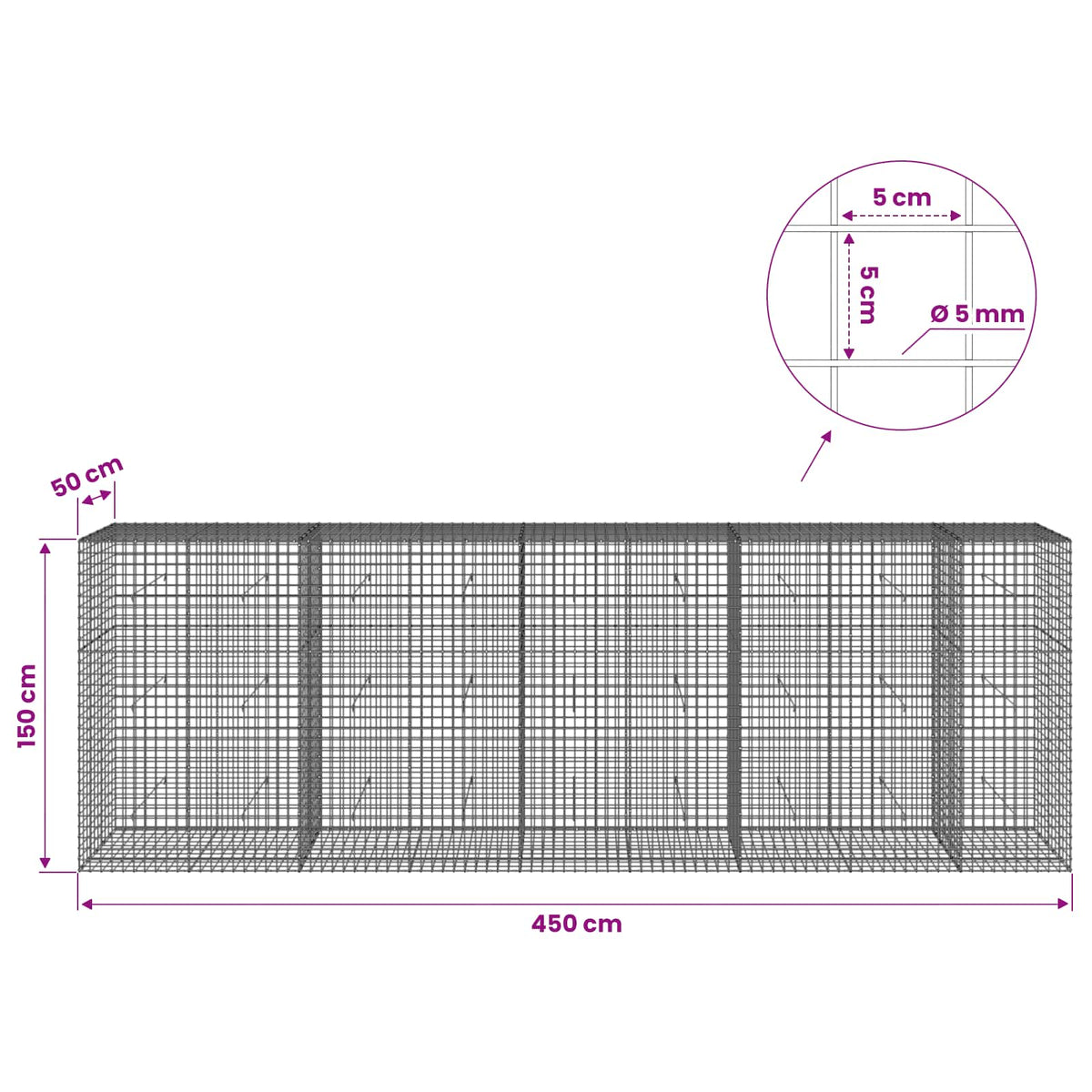 Gabion with 5 mm Wire and 5x5 cm Mesh 450x50x150 cm