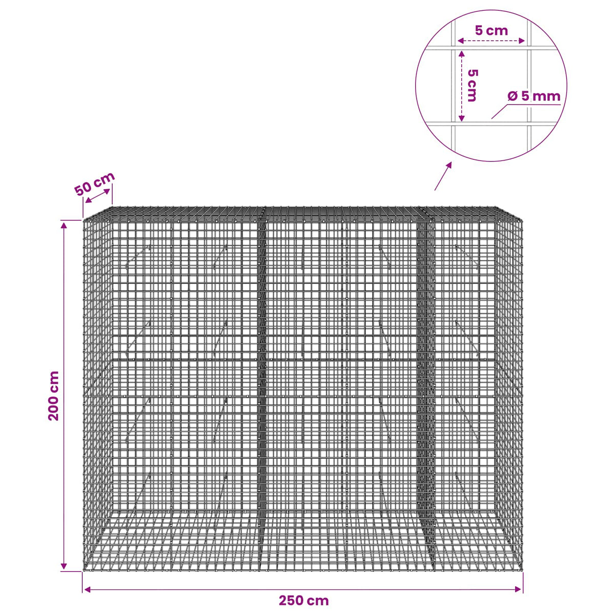 Gabion with 5 mm Wire and 5x5 cm Mesh 250x50x200 cm