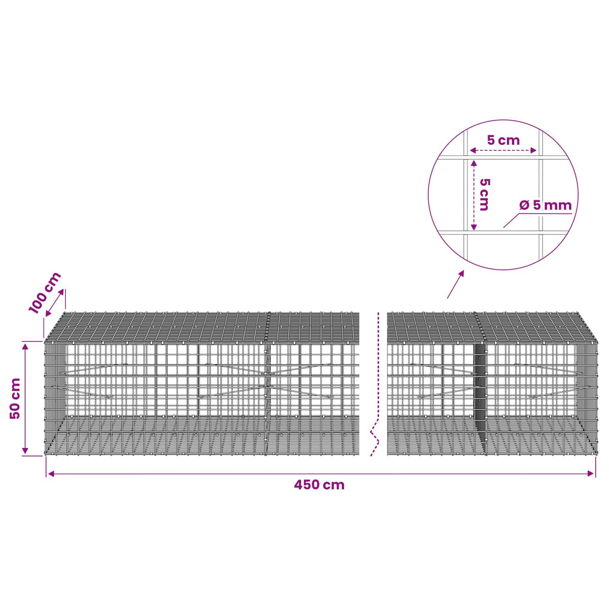 Gabion with 5 mm Wire and 5x5 cm Mesh 450x100x50 cm