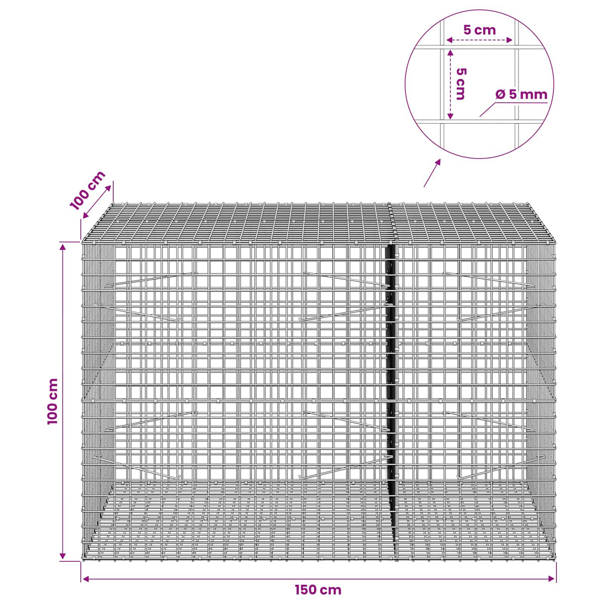 Gabion with 5 mm Wire and 5x5 cm Mesh 150x100x100 cm