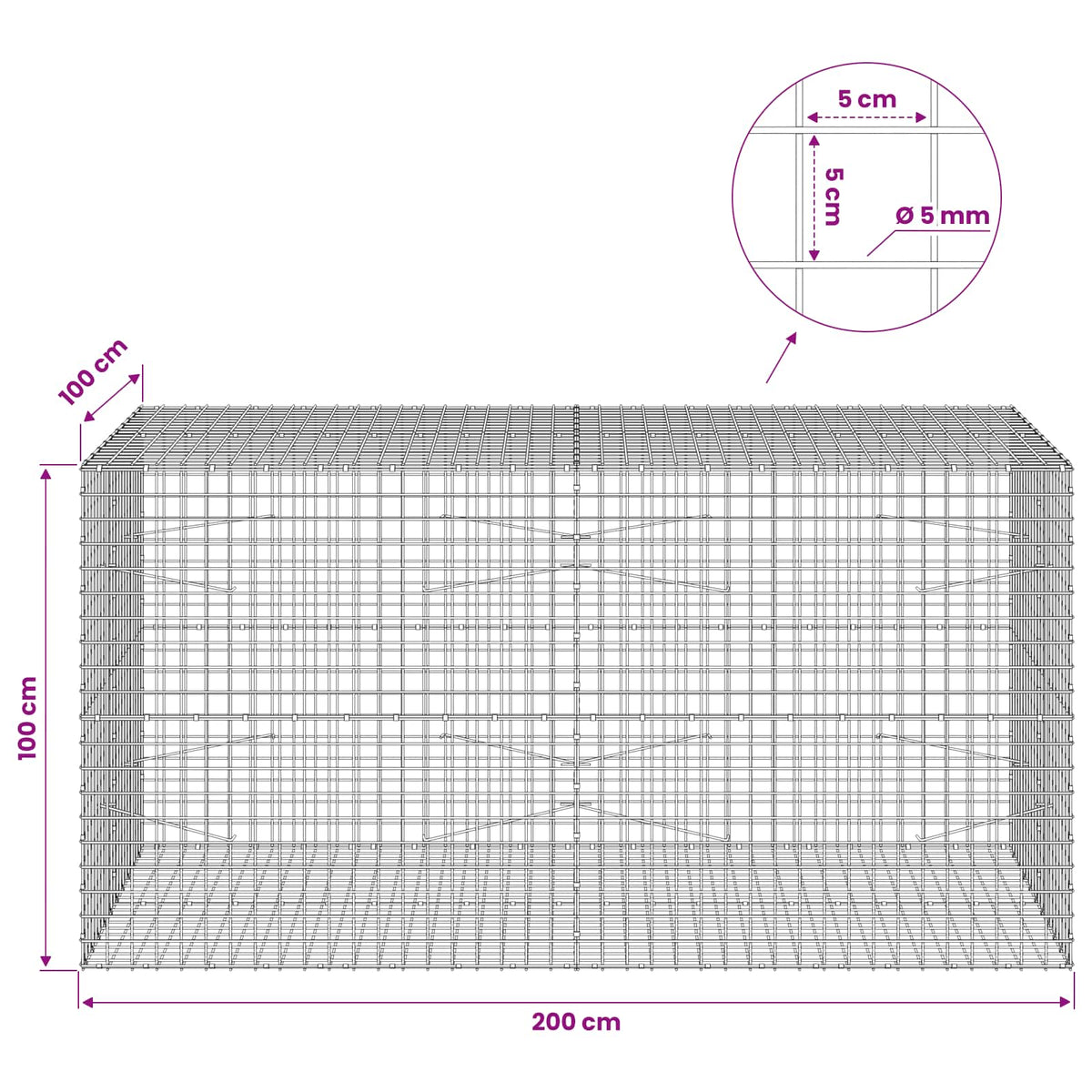 Gabion with 5 mm Wire and 5x5 cm Mesh 200x100x100 cm