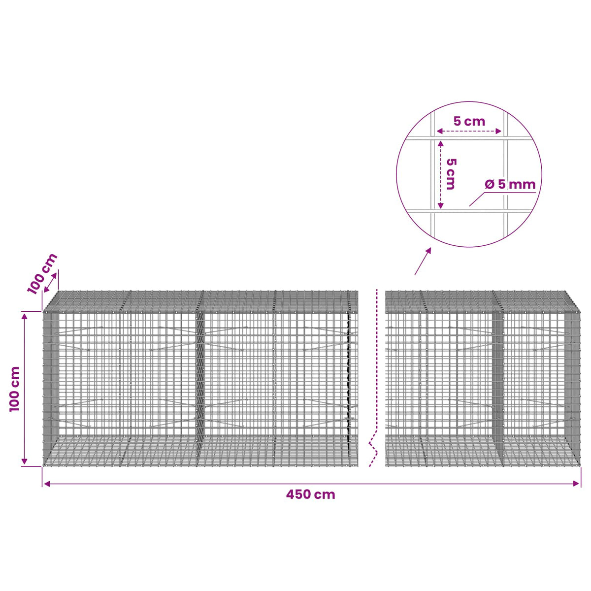 Gabion with 5 mm Wire and 5x5 cm Mesh 450x100x100 cm
