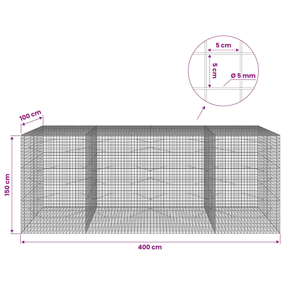 Gabion with 5 mm Wire and 5x5 cm Mesh 400x100x150 cm