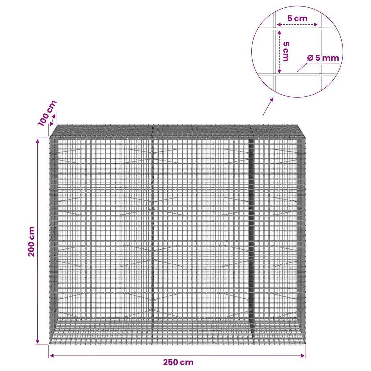 Gabion with 5 mm Wire and 5x5 cm Mesh 250x100x200 cm