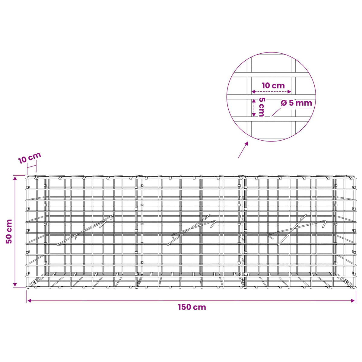 Gabion with 5 mm Wire and 5x10 cm Mesh 150x10x50 cm
