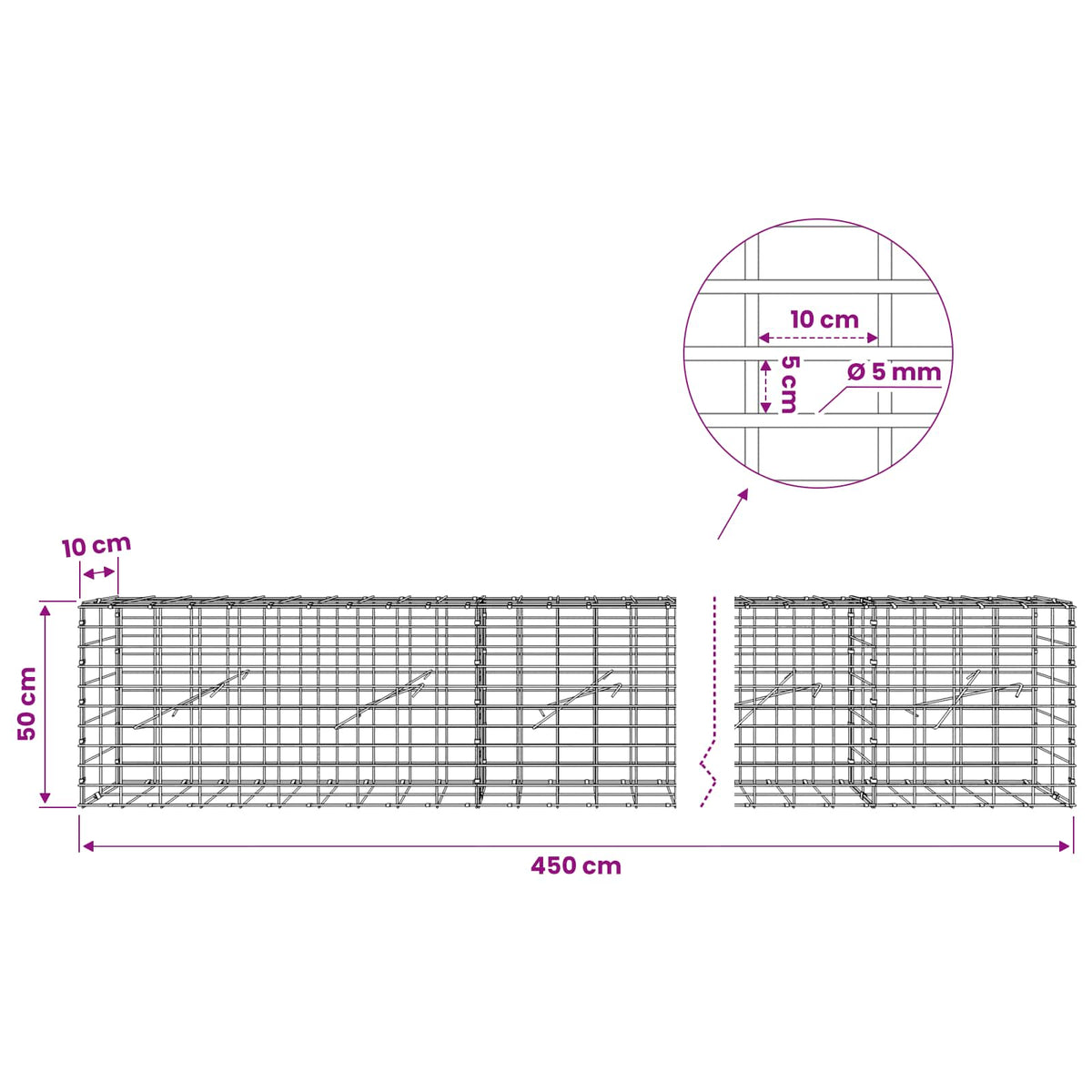 Gabion with 5 mm Wire and 5x10 cm Mesh 450x10x50 cm