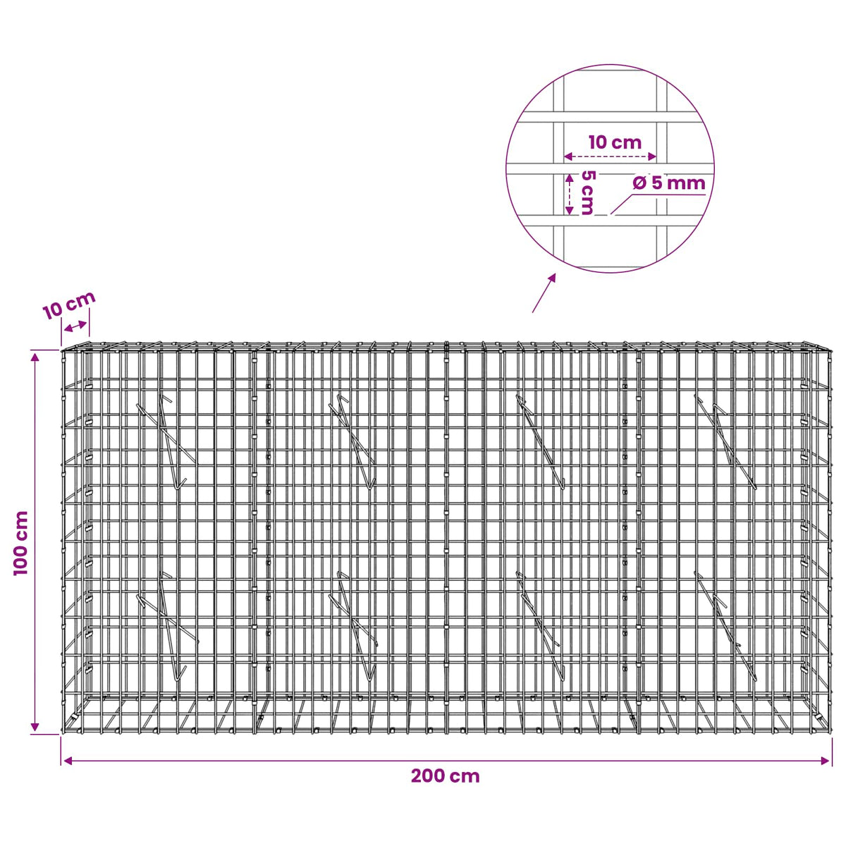Gabion with 5 mm Wire and 5x10 cm Mesh 200x10x100 cm