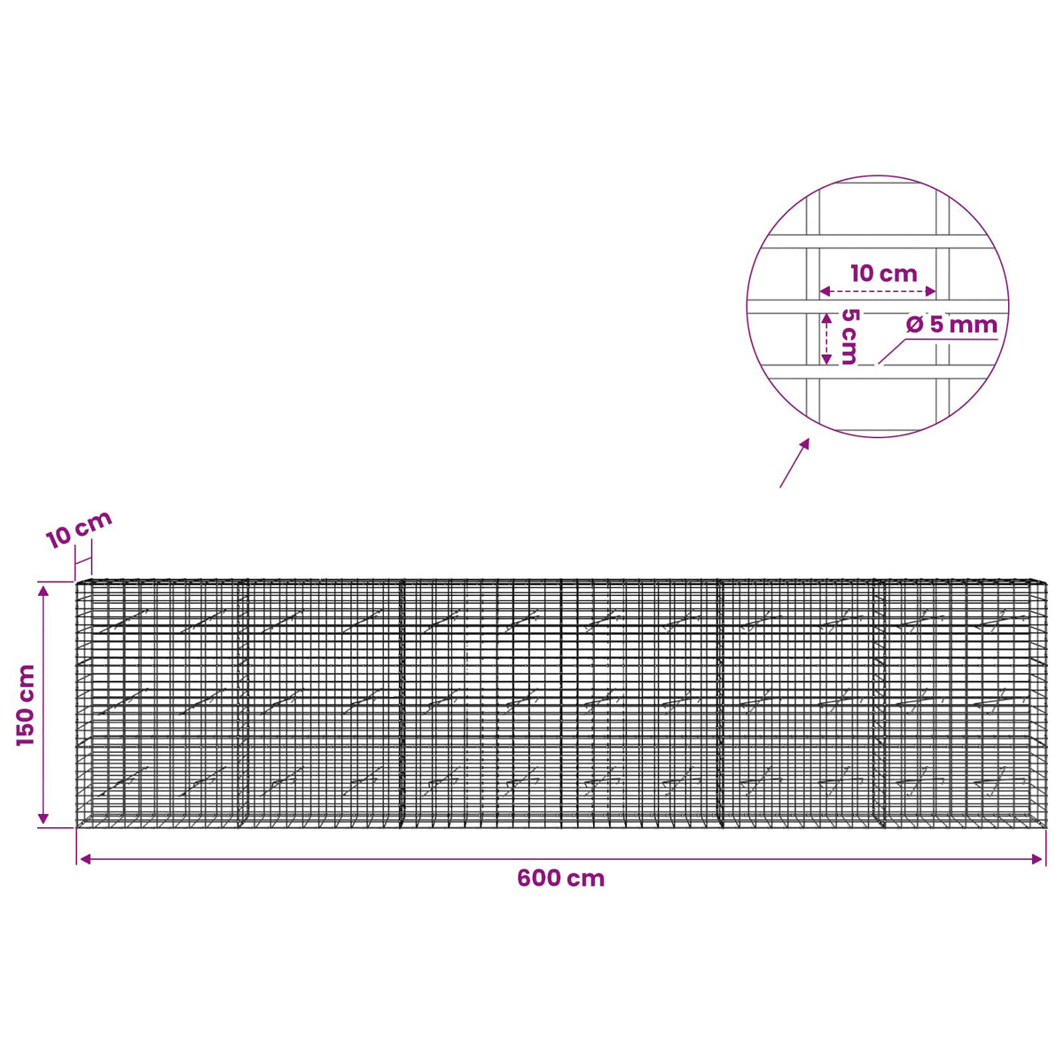 Gabion with 5 mm Wire and 5x10 cm Mesh 600x10x150 cm