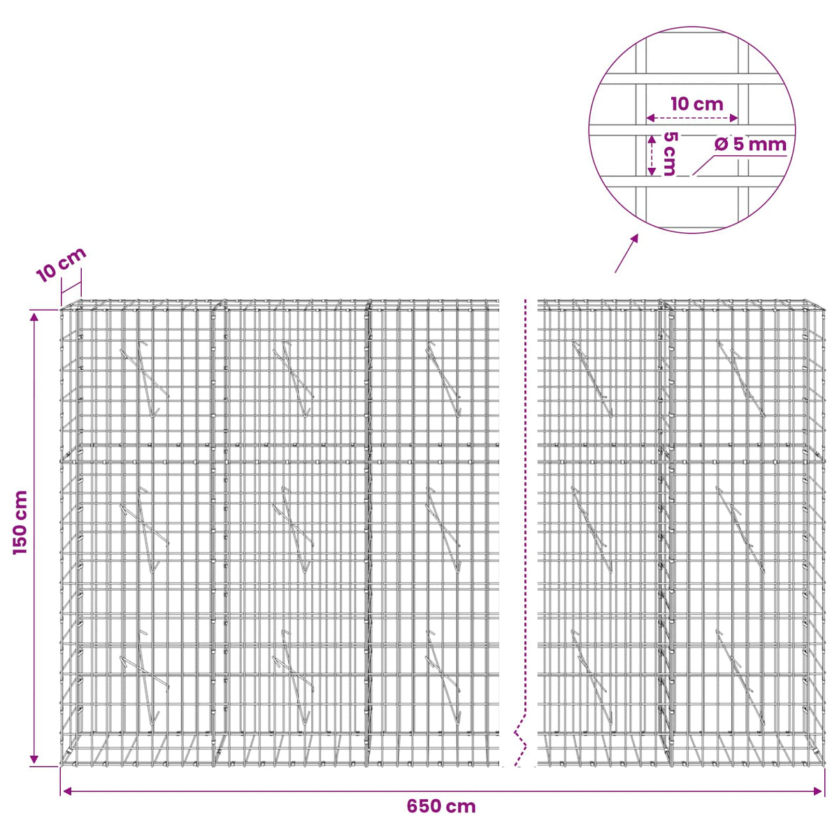 Gabion with 5 mm Wire and 5x10 cm Mesh 650x10x150 cm