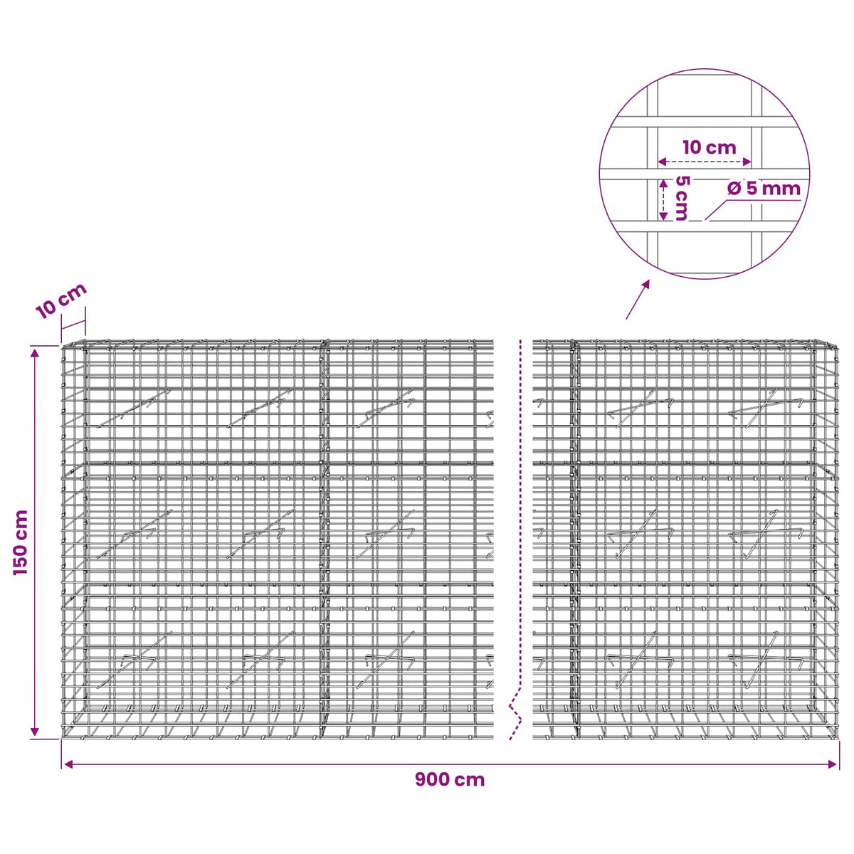 Gabion with 5 mm Wire and 5x10 cm Mesh 900x10x150 cm