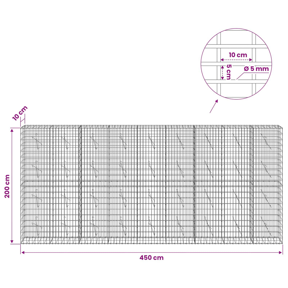 Gabion with 5 mm Wire and 5x10 cm Mesh 450x10x200 cm