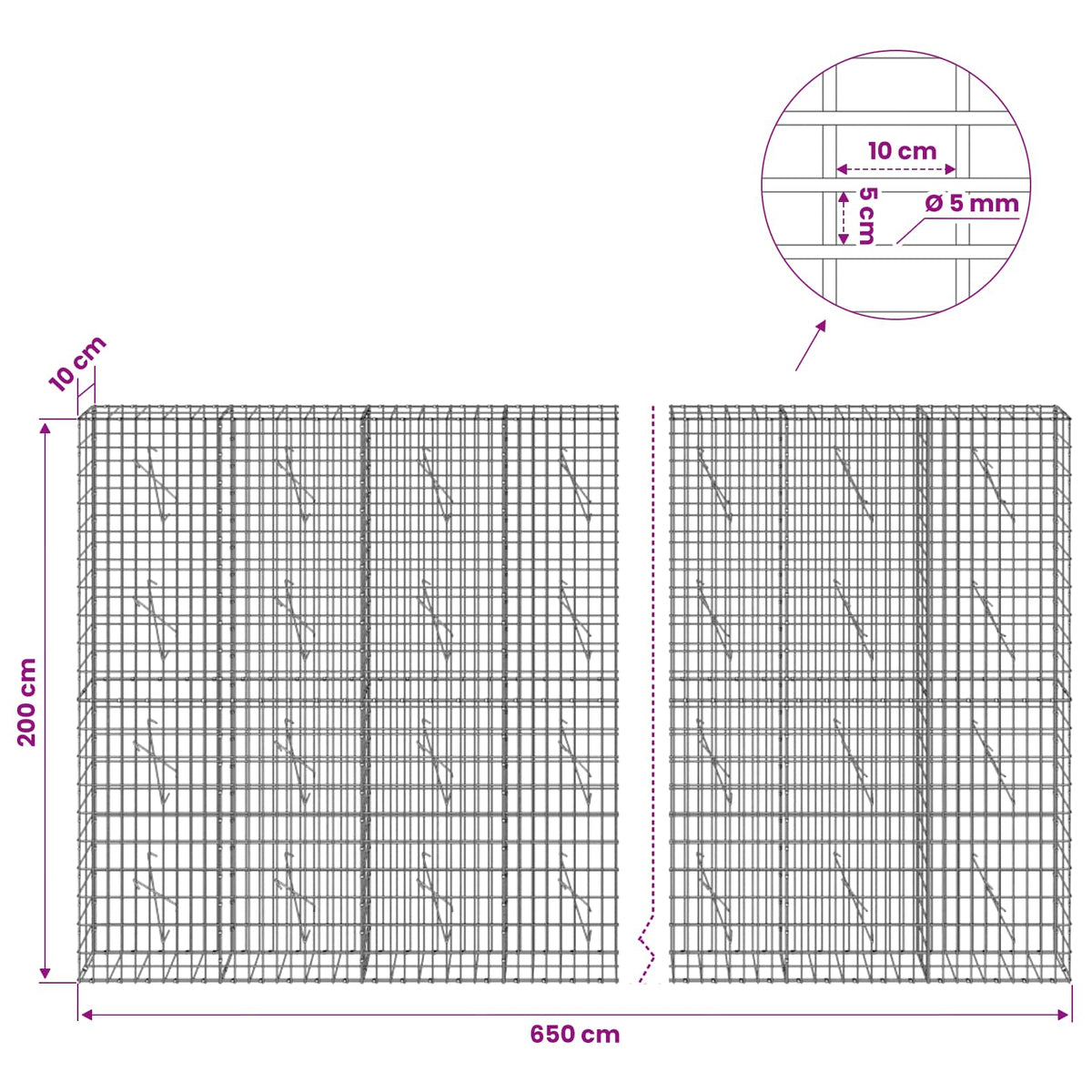 Gabion with 5 mm Wire and 5x10 cm Mesh 650x10x200 cm