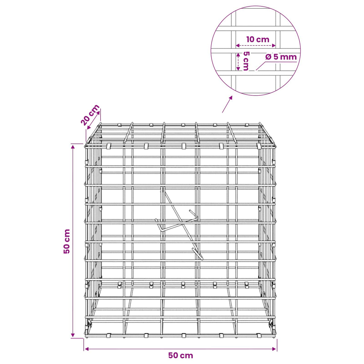 Gabion with 5 mm Wire and 5x10 cm Mesh 50x20x50 cm