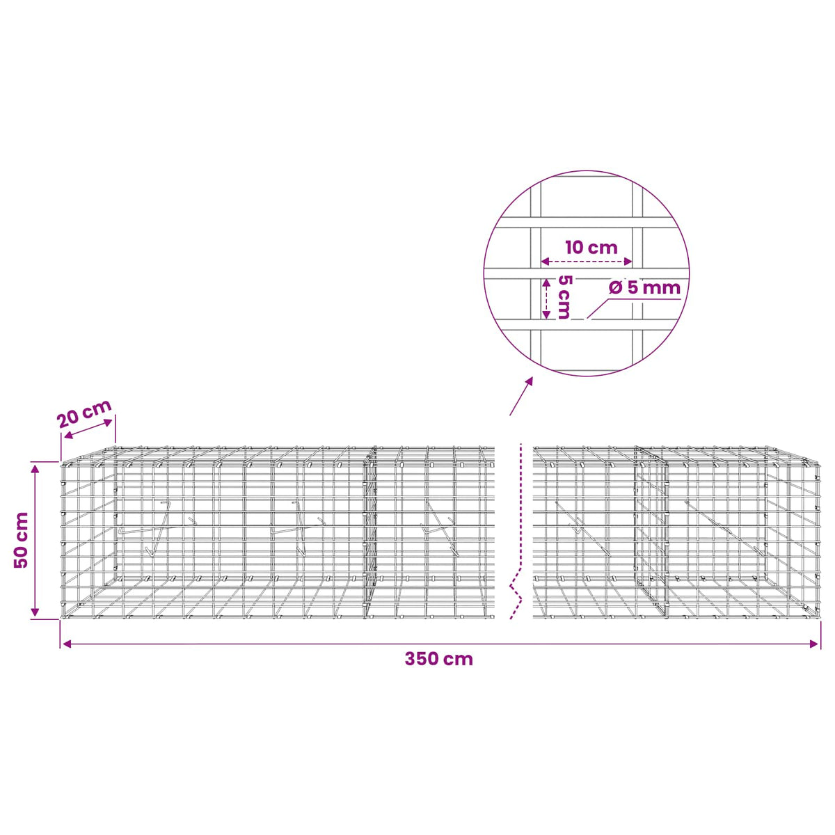 Gabion with 5 mm Wire and 5x10 cm Mesh 350x20x50 cm