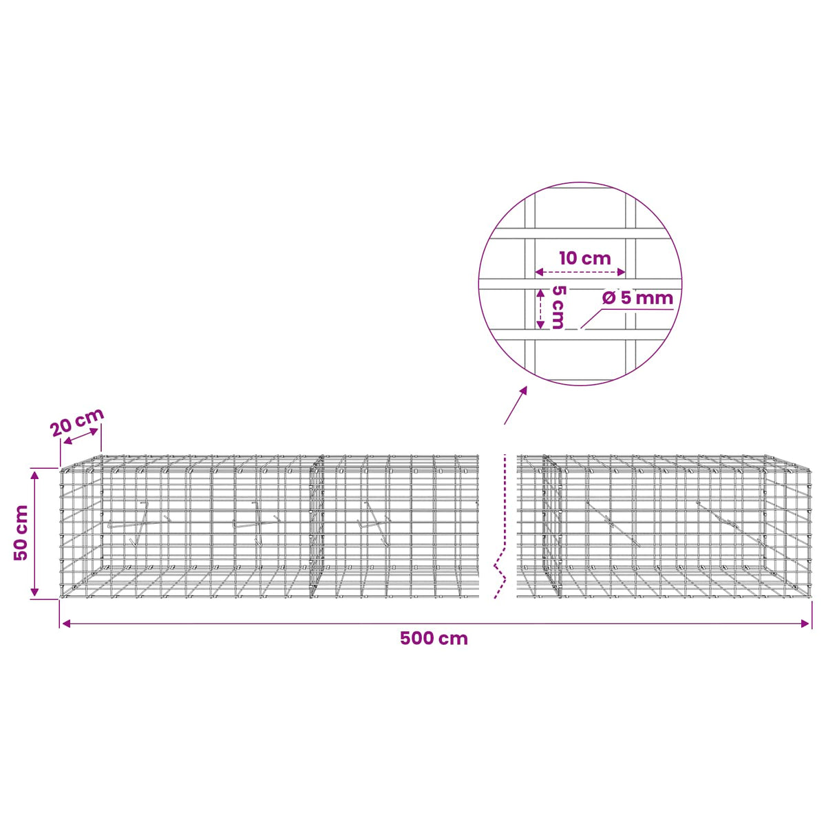 Gabion with 5 mm Wire and 5x10 cm Mesh 500x20x50 cm