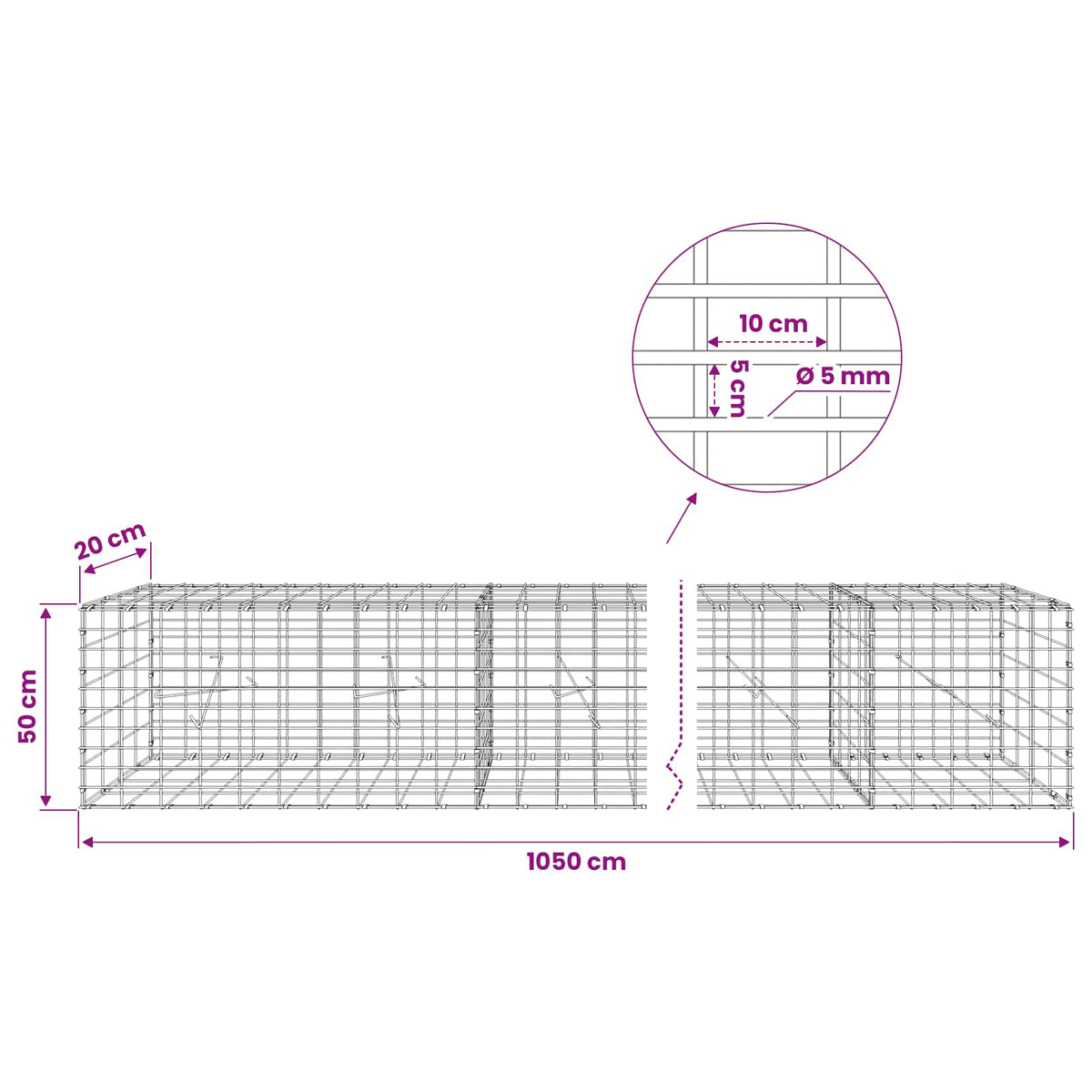 Gabion with 5 mm Wire and 5x10 cm Mesh 1050x20x50 cm