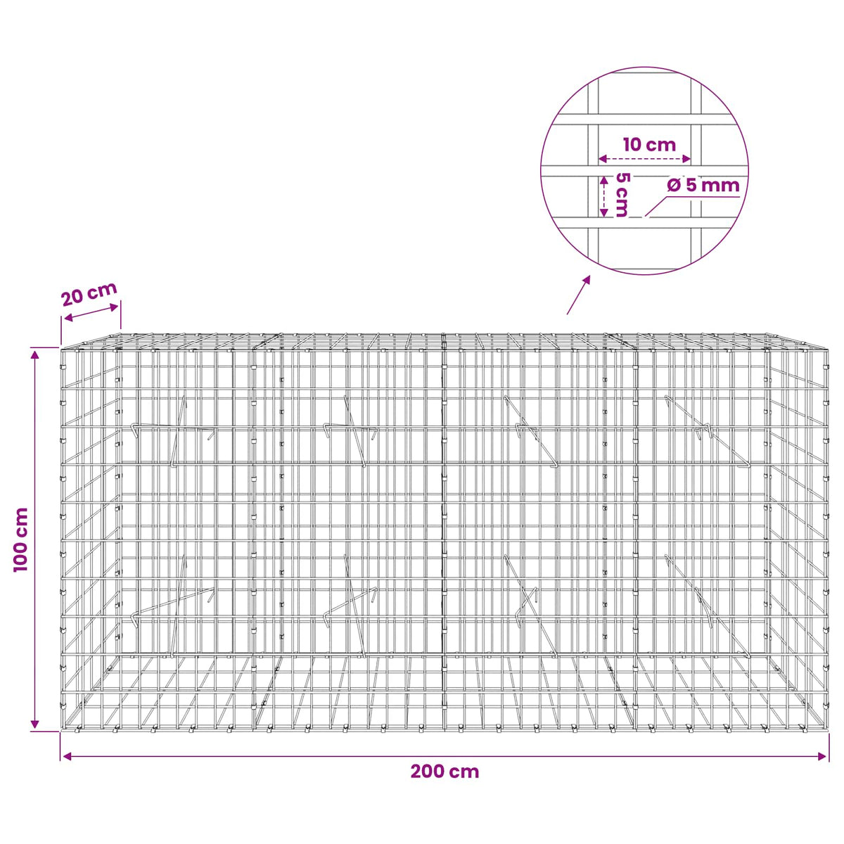 Gabion with 5 mm Wire and 5x10 cm Mesh 200x20x100 cm