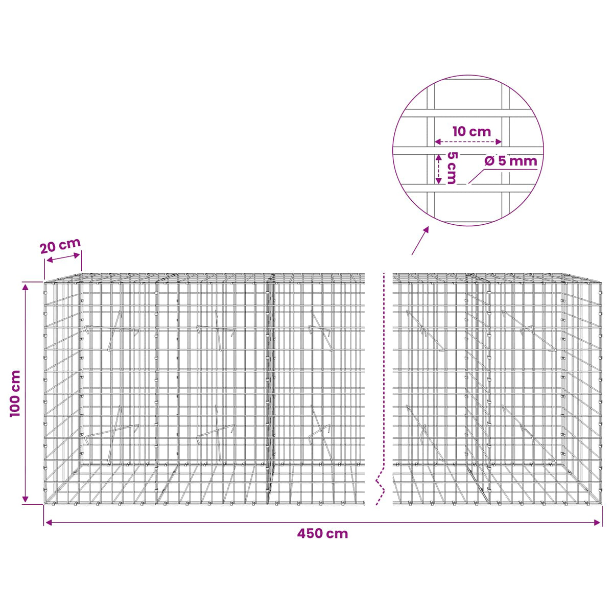 Gabion with 5 mm Wire and 5x10 cm Mesh 450x20x100 cm