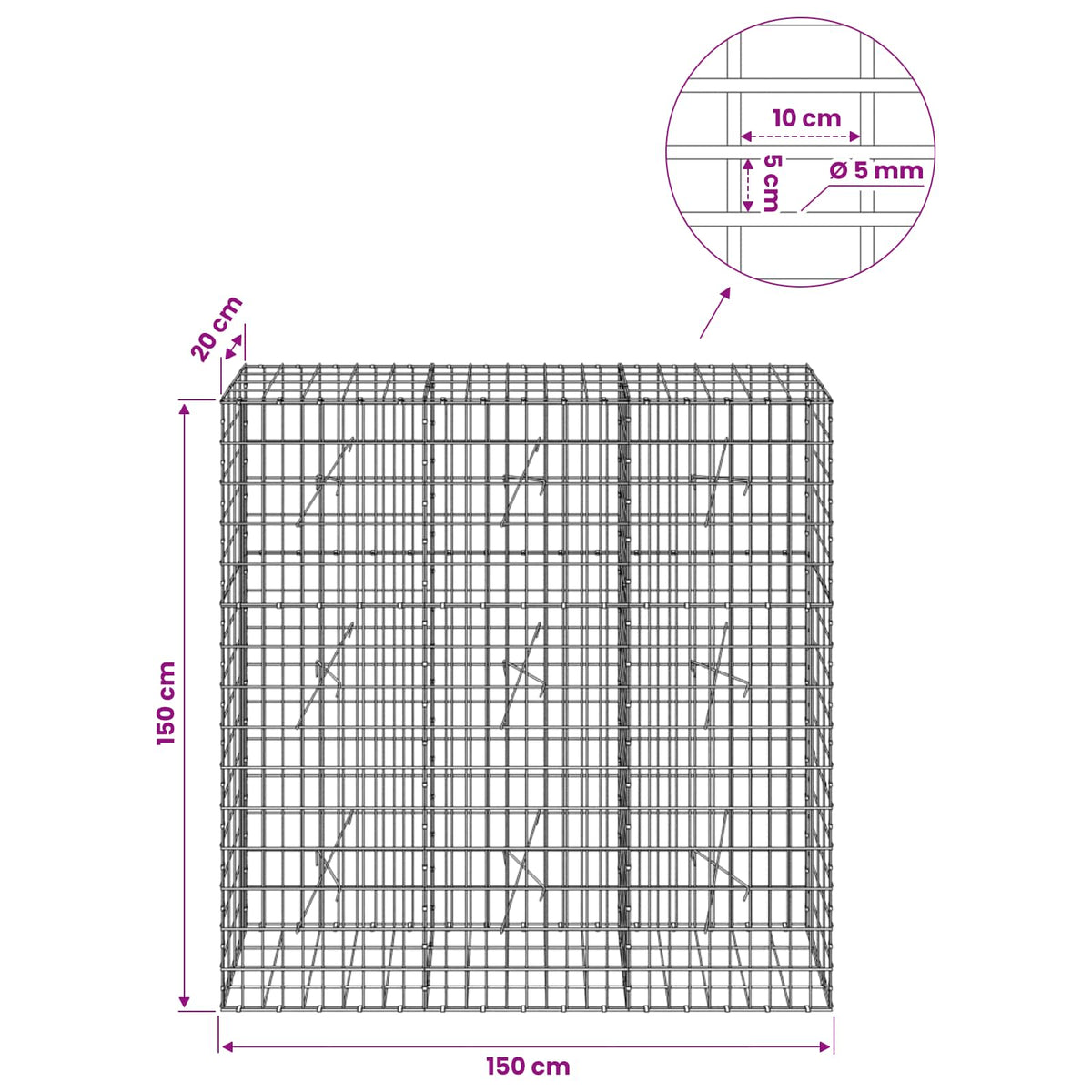 Gabion with 5 mm Wire and 5x10 cm Mesh 150x20x150 cm