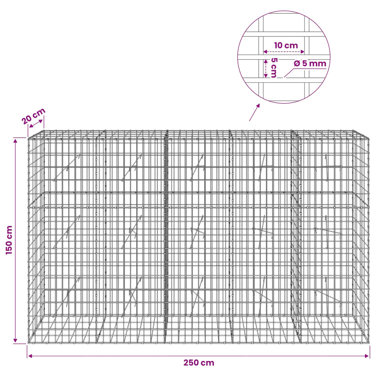 Gabion with 5 mm Wire and 5x10 cm Mesh 250x20x150 cm